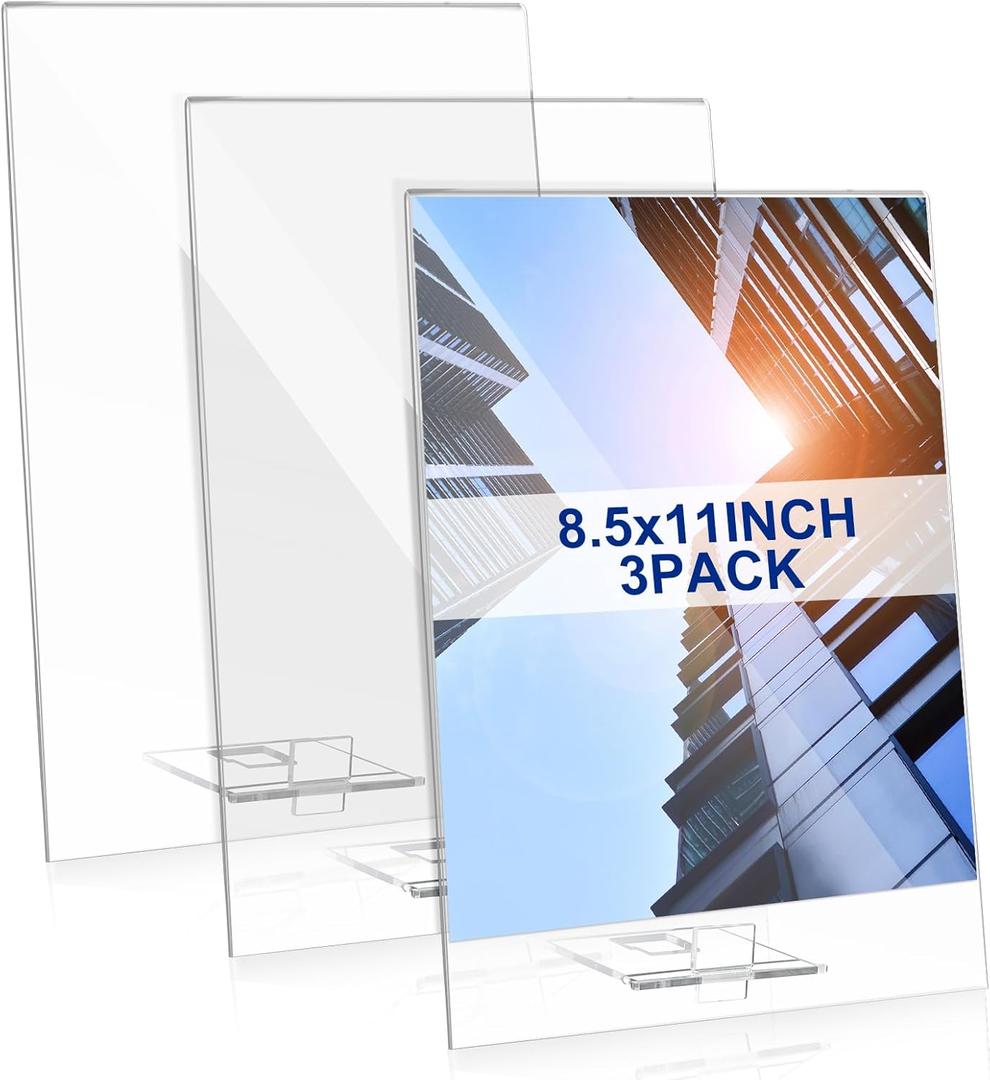 3 Pack Acrylic Sign Holder Double Sided Clear Display Stand Table Top Paper Holder Menu Flyer Slant Back Removable Desktop for Mall Restaurant Office Store Home T Shape(8.5 x 11 Inches)