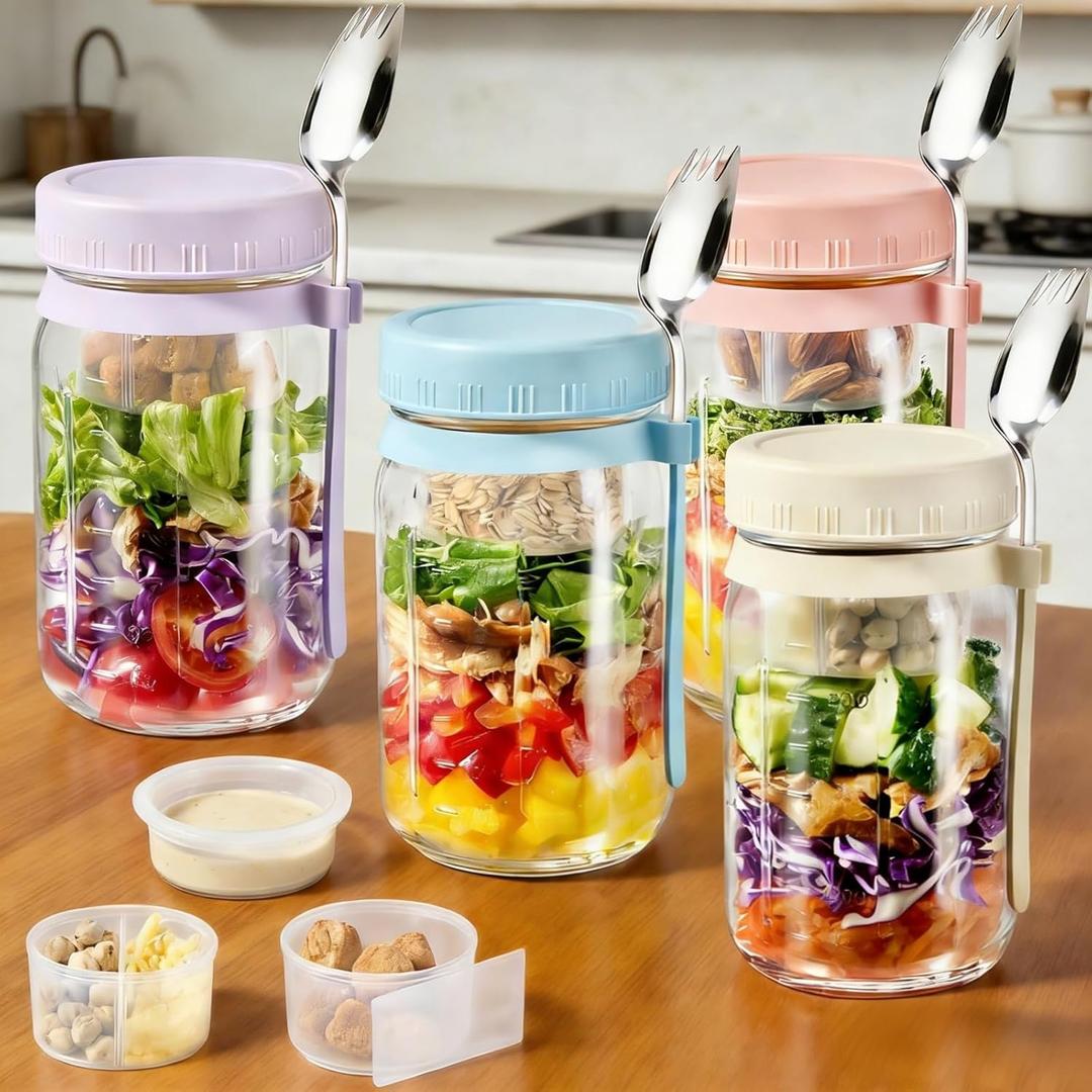 4 Pack Glass Salad Pod Mason Jar with Dressing Cup & Spork, 32 oz Salad Container to Go with Lids Meal Food Prep for Lunch, Large Travel Mason Jar Bowl with 2 Insert Dressing & Topping Holder