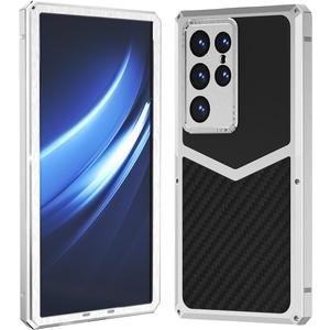 HUALIMEI Luxury Carbon Fiber with Aluminum Case for Samsung Galaxy S24 Ultra, Military Shockproof Protective Phone Cover Full Body Heavy Duty Protection for Men Silver