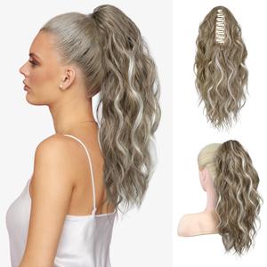FLUFYMOOZ Ponytail Extension, 18 Inch Claw Clip Ponytail Extension, Wavy Curly Claw Clip in Ponytail Hair Extensions, Natural Ponytail Synthetic Hairpiece for Women (Ash Brown with Blonde Highlights)