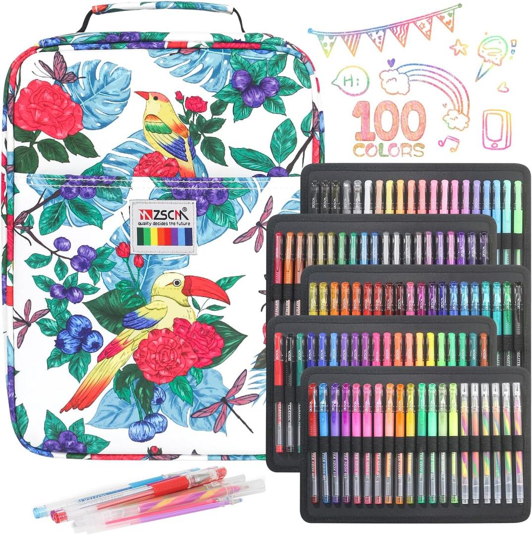 194 Pack Glitter Gel Pen Set, 100 Art Colored Pens Including 94 Gel Pens, 6 Glitter Rainbow Pens, 94 Matching Refills Themed Canvas Case for Adult Coloring Books, Journaling, Scrapbooks