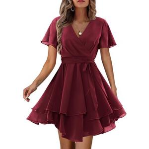Amoretu Womens Swing Dress Vneck Short Sleeve Cute Ruffle Dresses (Burgundy, L)