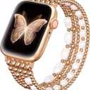 fastgo Beaded Bracelet Band Compatible with Apple Watch Band 44mm/45mm/42mm/49mm Women(Rose Gold)