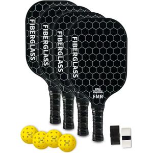 Feel my rhythm Pickleball Paddles Set of 4 with 4 Balls - USAPA Approved Fiberglass Surface, Lightweight, Non-Slip Grip - Premium Paddle Set for All Skill Levels Indoor & Outdoor (Black)