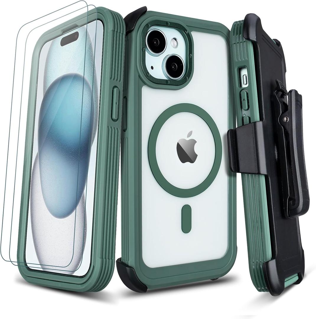 Defender for Clear iPhone 15 Case with Belt Clip Holster + 2 Screen Protectors, Compatible with MagSafe, Anti-Yellowing, Full-Body Phone Cover for iPhone 15 Case (Clear & Green)