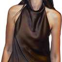 Women Halter Backless Tank Tops Cute High Mock Neck Cami Sexy Open Back Camisole Silk Satin Going Out Tops (Large, Brown)