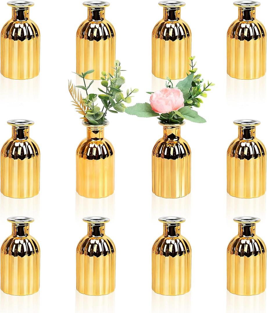 Christmas Gold Bud Vases, Small Bud Glass Vases For Centerpieces Set of 12 Golden Flower Vases For Wedding Home New Year Party Table Centerpieces Decor