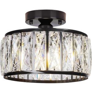 Black Crystal Ceiling Light, Modern Flush Mount Fixture, Small Chandeliers, Semi Flush Mount, Round Hallway Lighting for Kitchen Bathroom Laundry Room