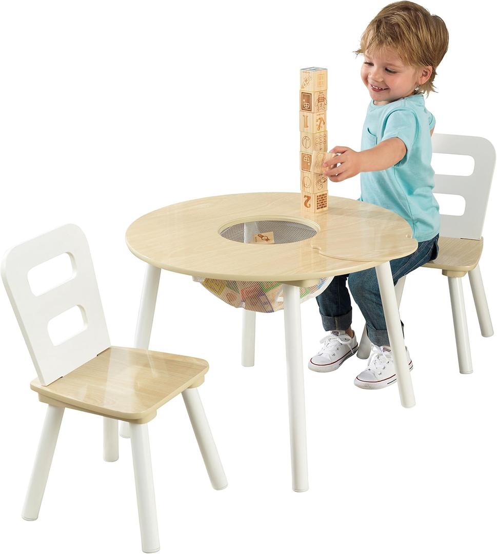 KidKraft Wooden Round Table & 2 Chair Set with Center Mesh Storage - Natural & White, Gift for Ages 3-6