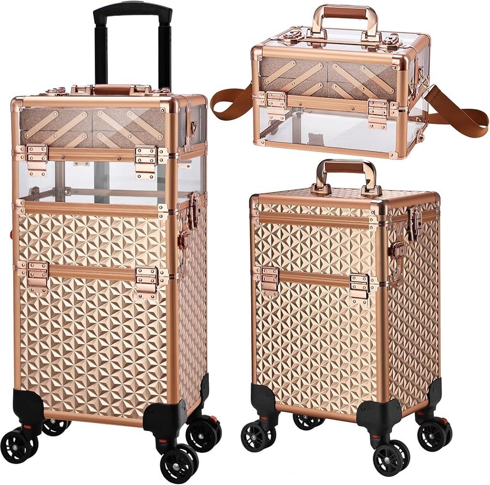 Rolling Makeup Train Case, 3-in-1 Makeup Trolley, Cosmetology Case on Wheels, Travel Makeup Organizer Case for Salon Barber Cosmetology Students, Nail Technicians, Hairstylists, and MUAs
