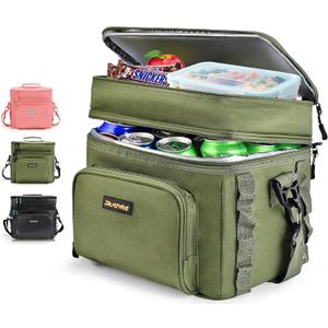 Double-Layer Insulated Cooler Foldable Lunch Box, Leakproof Cooler Bag for Men & Women, Shoulder Strap, Bottle Opener, for Beach, Camping, Car (Green)