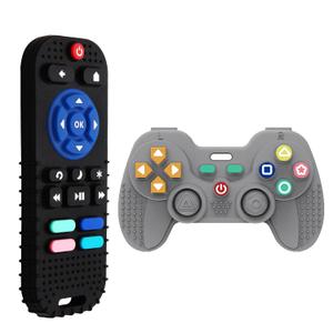 2 x 2 Pack Silicone Teethers for Babies 6-12 Months, Teething Toys for Babies 0-6 Months, Remote Teether for Baby, Sensory Toys for Babies,Toddler Infant Girl Boy Gifts (Black+Grey)