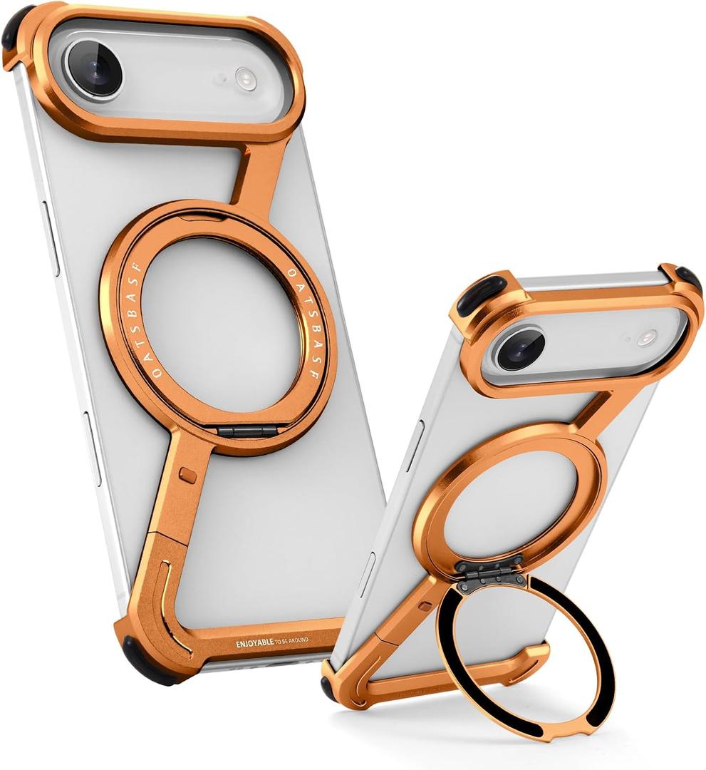 OATSBASF Minimalist Phone Case for iPhone Air, 360 Rotation Kickstand Aluminum Metal Frameless Design Bumper Z Case, Protective Shock Grade Shell for iPhone 17 Air, Orange