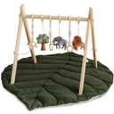 Razee Wooden Baby Play Gym Activity Mat, Leaf Shaped Play Mat Baby Gym with 6 Hanging Sensory Toys Foldable Baby Gym Newborn Infant Baby Use (Dark Green)