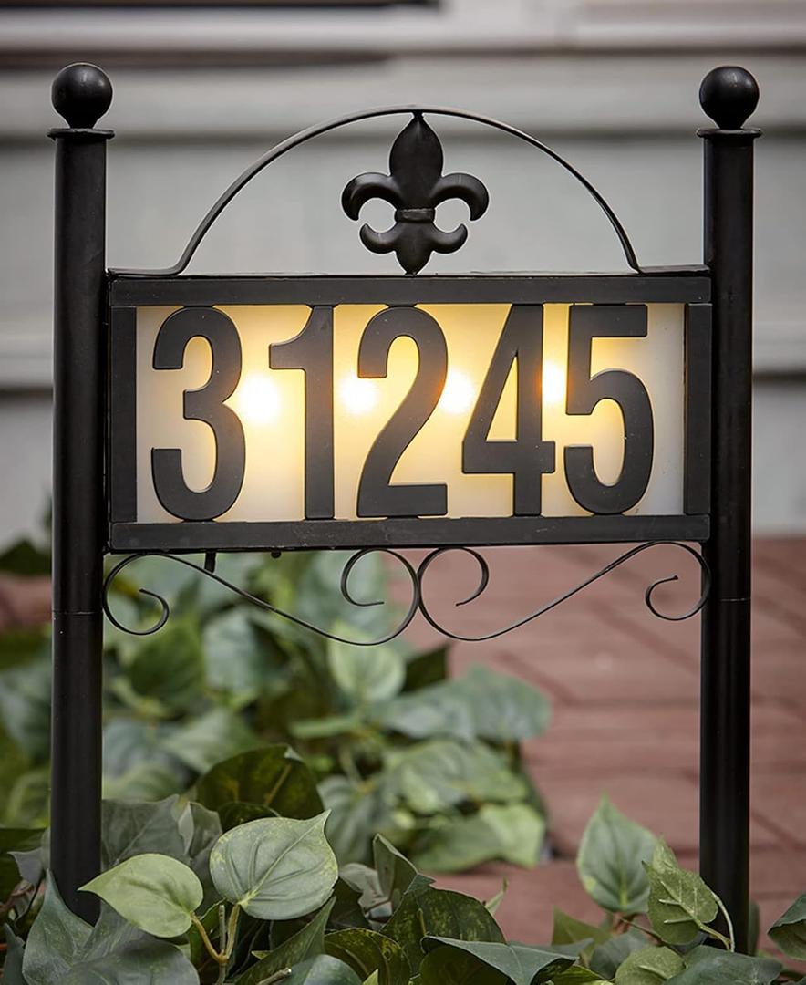 Solar Metal Address Signs for Yard with 50 Customizable House Numbers for Outside - Any Combination, with Warm White & Cold White, Weather-Resistant Solar-Powered LED Illuminated Address Plaques (Double Stake Item)