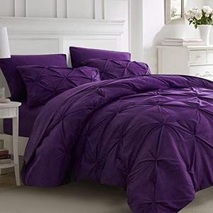Ubauba 3pc Purple Comforter Set Queen Size with Pillow Cases, Pintuck 3 Piece Bedding Comforters Bed in a Bag for All Season, Pinched Pleat Bed Set with Comforter (Purple,Queen)