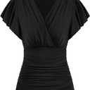GRACE KARIN 2025 Womens Tops Summer Wrap Blouse V Neck Ruffle Sleeve Dressy Casual Top Ruched Trendy Clothes (Small, Black)