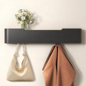 Coat Rack Wall Mount Entryway Organizer Modern Key Holder Wall Mount with Wooden Shelf Entryway Hooks for Bedroom Kitchen Hallway Bathroom for Hanging Coats Hats Dog Leashes Bags Towels (Black)