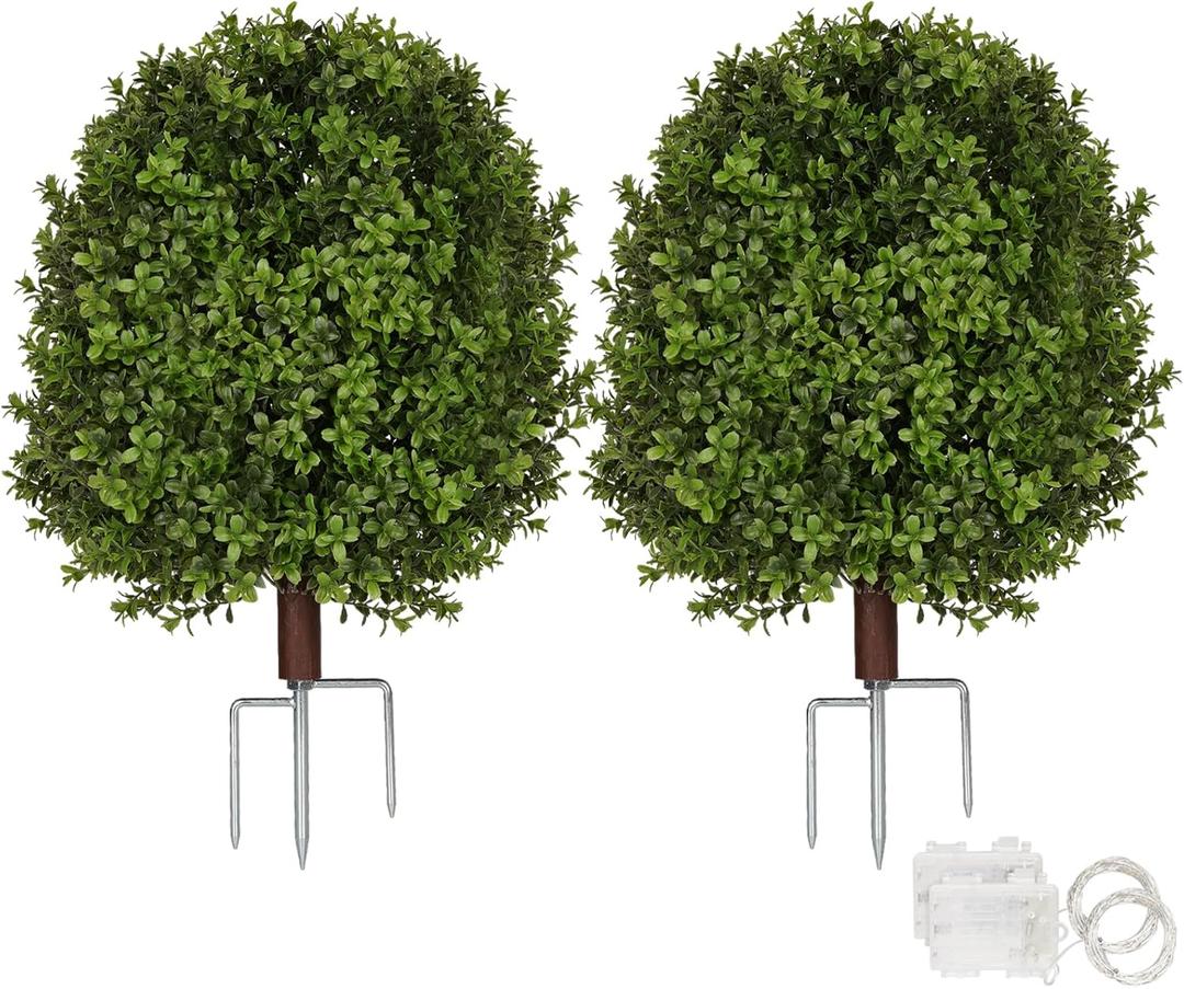 Artificial Boxwood Topiary Trees for Outdoors, 2 Pack Faux Topiary Ball Tree UV Resistant Fake Shrubs Evergreen Bush Plants for Front Porch Garden Yard Balcony Wedding Decor, 2 Led String Light