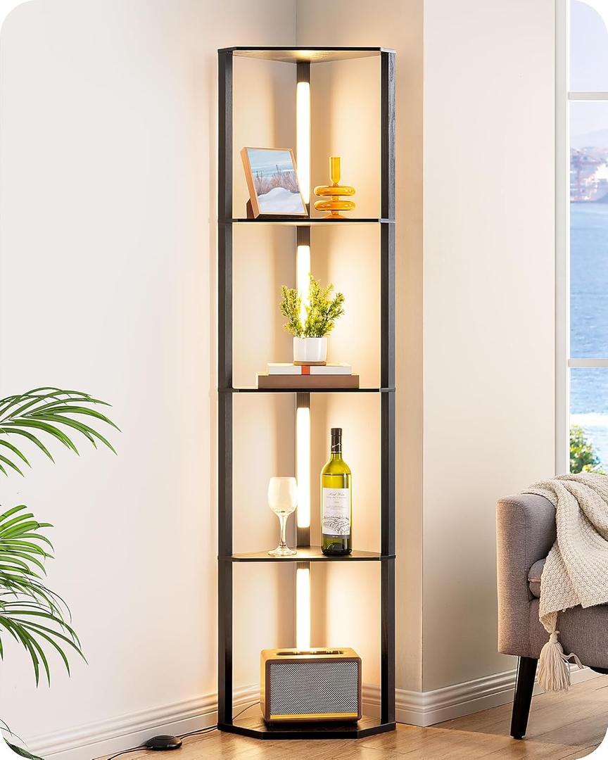 EDISHINE 64" Corner Shelf with LED Light, Modern Corner Floor Lamp with Shelves, 3CCT, Stepless Dimmable Tall Floor Lamp for Living Room, Bedroom, Office, Dining Room, 3000K 4000K 5000K, Black