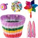 Kids Bike Basket, Bike Basket Front Bike Accessories for Girl Boys, Woven Bicycle Basket with Stickers, Bike Bell, Windmill, and 1pairs Colorful Ribbons Tassels