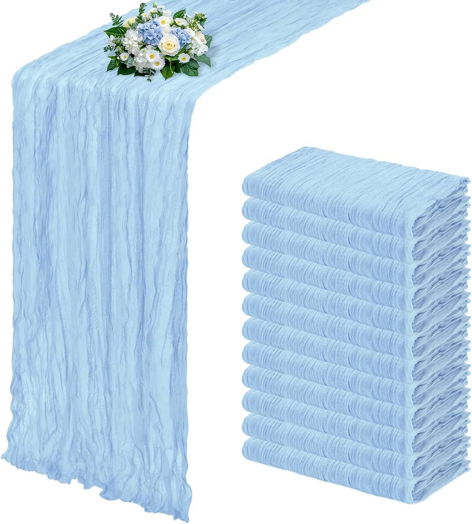 RealBox 12 Pack Baby Blue Cheesecloth Table Runner 17x108 Inch Semi Sheer Boho Gauze Cheese Cloth Fabric Table Runners, for Wedding Party Baby Shower Birthday Home Decor Garden Farmhouse