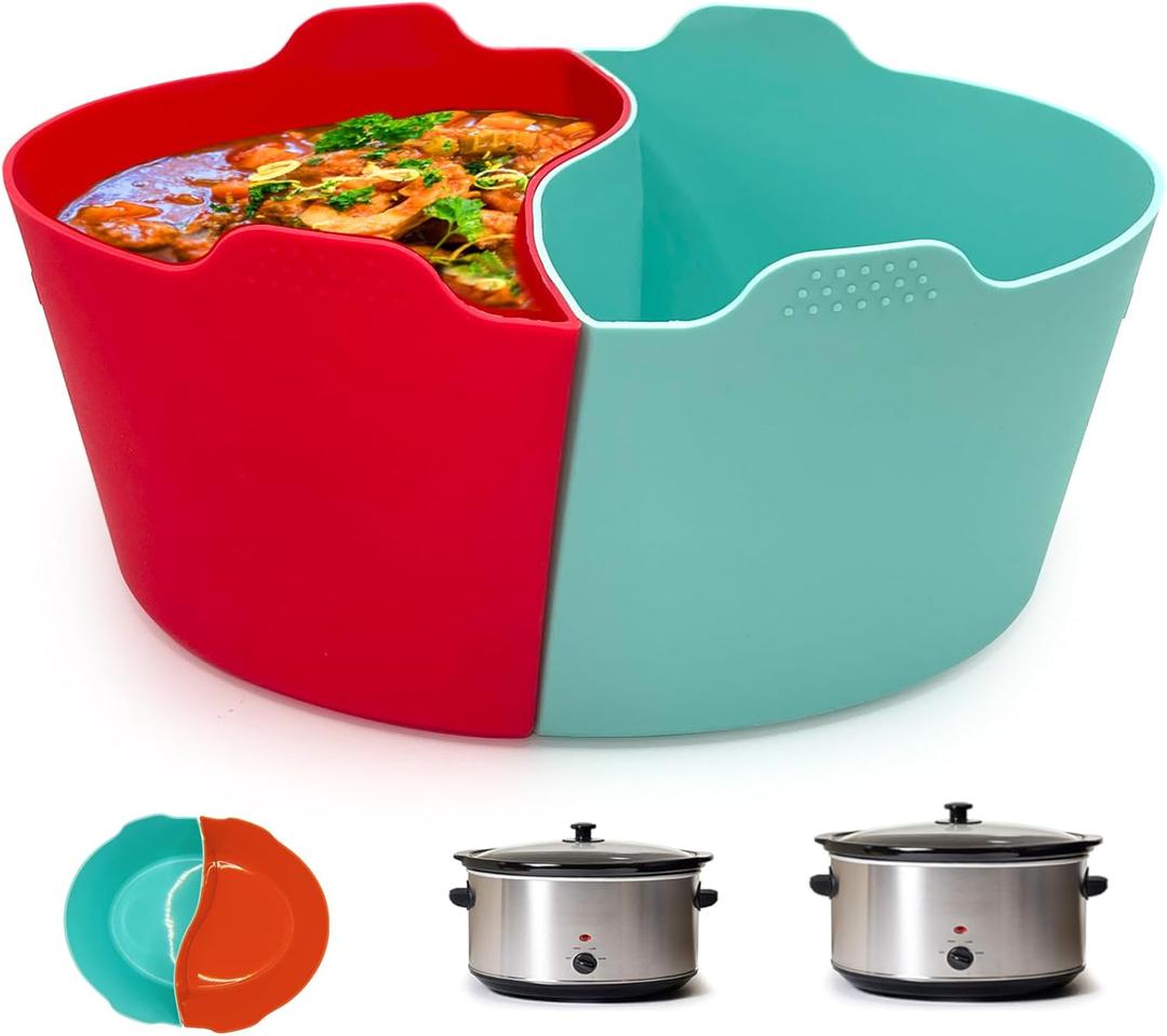 Silicone Crock pot Liners,Slow Cooker Liners, 6-7 Quart Oval Reusable Crock pot Divider Insert,BPA-Free, Dishwasher Safe (6-7 QT_Blue+Red)