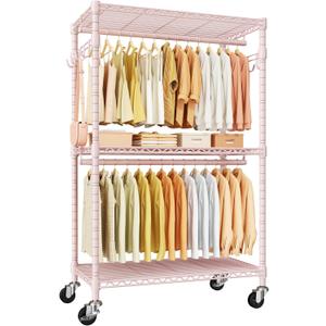 ULIFHOME P1 Rolling Closets with Wheels and Shelves, Portable Closet Wardrobe for Clothes Hanging, Pink Clothing Storage and Organizer System for Bedroom, 35.5" W x 15.7" D x 80.5" H, Hold 500lbs