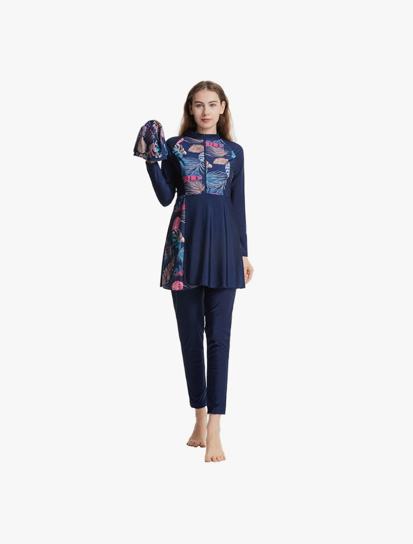 Muslim Swimsuits for Women Long Sleeve Built-in Bra Swimming Tops + Swimming Pants + Hijab Burkini Full Cover Swimwear
Size -L