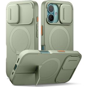 SURITCH for iPhone 16 Case with Magnetic Camera Slide Cover and Adjustable Kickstand, Compatible with MagSafe, Shockproof Bumper Case Slim Protective Cover 6.1 Inch, Green