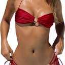 SOLY HUX Bathing Suit for Women Halter Ring Linked Tie Side Bikini Sets Two Piece Swimsuit (Plain Red) Size XS