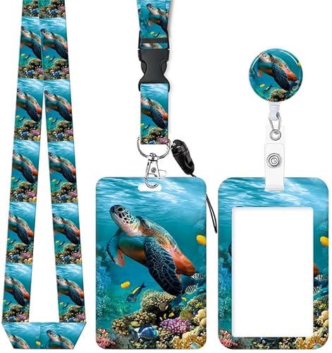 ID Badge Holder with Retractable and Detachable Lanyard, Cute Badge Reel Breakaway Lanyard with Carabiner Clip for Women, Teachers, Nurses, Students, Perfect Work and Office(Watercolor Sea Turtle)