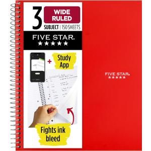Five Star Spiral Notebook + Study App, 3 Subject, Wide Ruled Paper, 10-1/2" x 8", 150 Sheets, Red (72029)