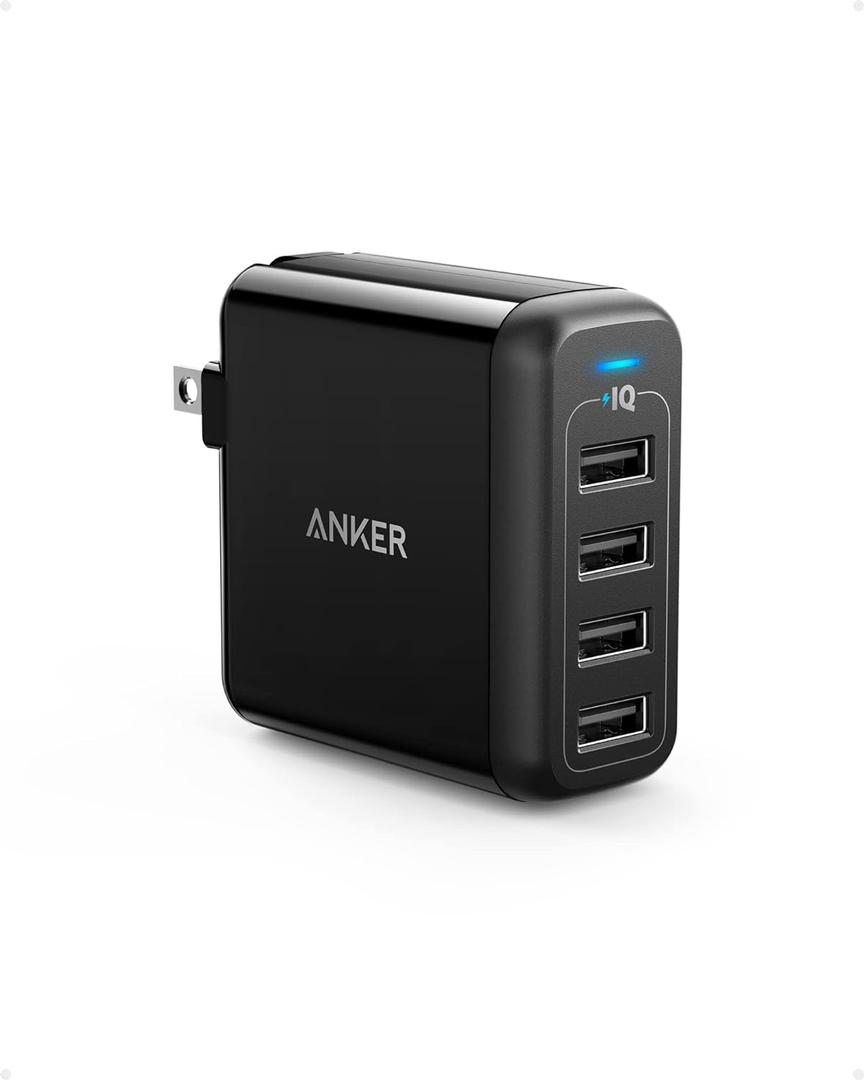 Anker Charger, 40W 4-Port USB Phone Charger with Foldable Plug, PowerPort 4 for iPhone 14/13 Series, iPad Pro/Air/Mini, Galaxy S23/S22/S21, Note 20 Ultra, LG, Nexus, HTC, and More (Black)