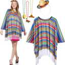 Yahenda 5 Pcs Mexican Costumes Women Serape Poncho Straw Sombrero Headbands 3 Necklace Cinco de Mayo Outfit Colorful