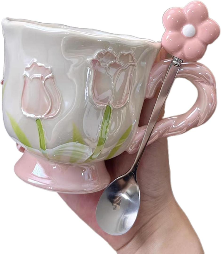 Large Ceramic Coffee Mug Pink Cute Flower,with and Spoon,Flower Mugs with Handle,Floral Girly Mugs,Breakfast Milk Oatmeal Cup,Girl Gift,14oz/410ml (Pink)