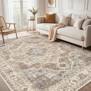 10x12 Washable Area Rug: Vintage Neutral Soft Non Slip Thin Large Floor Carpet for Living Room Bedroom Kitchen Dining Room Home Office Farmhouse Indoor - Beige Brown