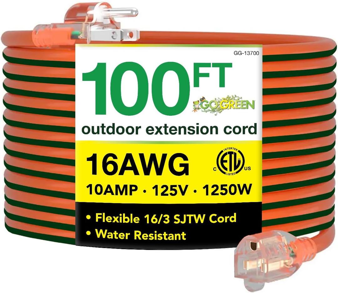 Go Green Power Inc. 16/3 100ft Outdoor Extension Cord - Heavy Duty, Lighted End, Contractor Grade SJTW Cable - Moisture & Abrasion Resistant - GG-13700 (100 ft, Orange)