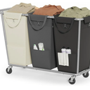 SONGMICS Laundry Basket with Wheels, 3-Section Laundry Sorter, 76.6 Gallons (290 L) Rolling Hamper with Removable Bags, Heavy-Duty Steel Frame, Cream White, Dark Gray and Ink Black URLS010X01