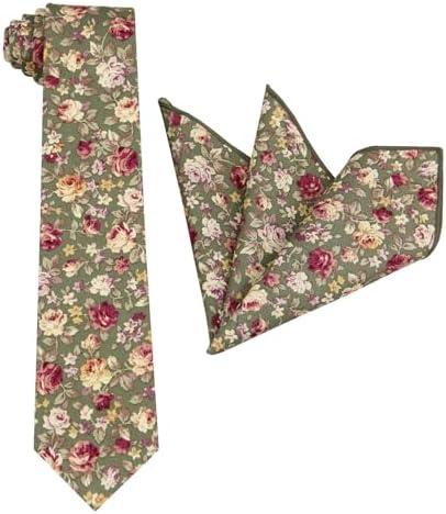 Entwineno Mens Floral Print Tie Set - Necktie with Pocket Square for Men - Wedding - Groomsmen XL