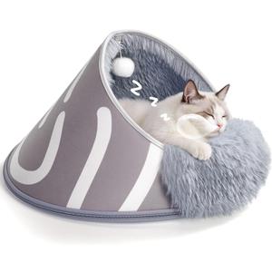 BurgeonNest 20-Inch Round Cat Bed Cave, Enclosed Hooded Pet House for Indoor Kittens, Anti-Collapse EVA Shell with Cord Access for Heating Pad, Washable Soft Plush, Grey
