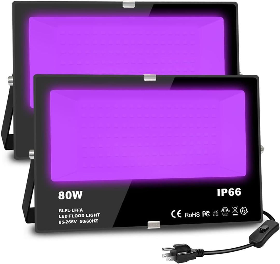 MELPO Black Light 80W Blacklight Flood Light Outdoor for Glow Party, Halloween Decoration, Body Paint, Stage LightingNeon Glow, IP66, US-Plug-Switch-5.9Ft Cord (2 Pack)