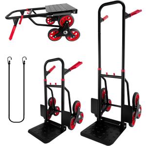 Stair Climber Hand Truck Dolly, Heavy Duty 440 Lb Capacity Trolley Cart with Telescoping Handle and Rubber Wheels 6 Rubber Wheels and Rope for Moving Logistics Warehouse (Red)