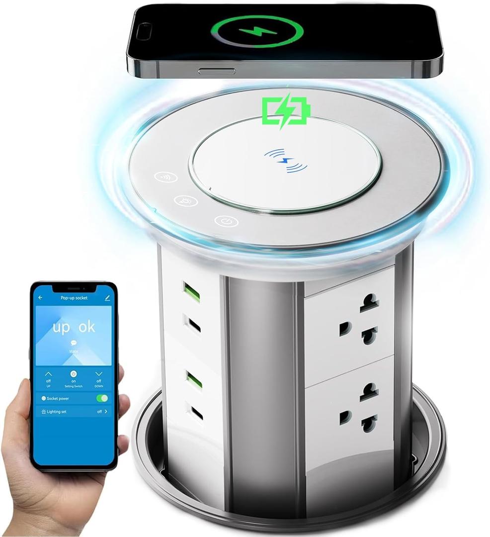 German Technology Motorized Pop Up Outlet for Countertop 15W Fast Wireless Charger, Countertop Electrical Outlet with 6 AC Outlets & 4 USB Ports (20W PD), APP Remote Control,Free 4.92 inch Hole Saw (White)