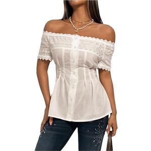 Milumia Women's Off Shoulder Button Down Shirt Elegant Lace Trim Short Sleeve Ruffle Blouses, XS