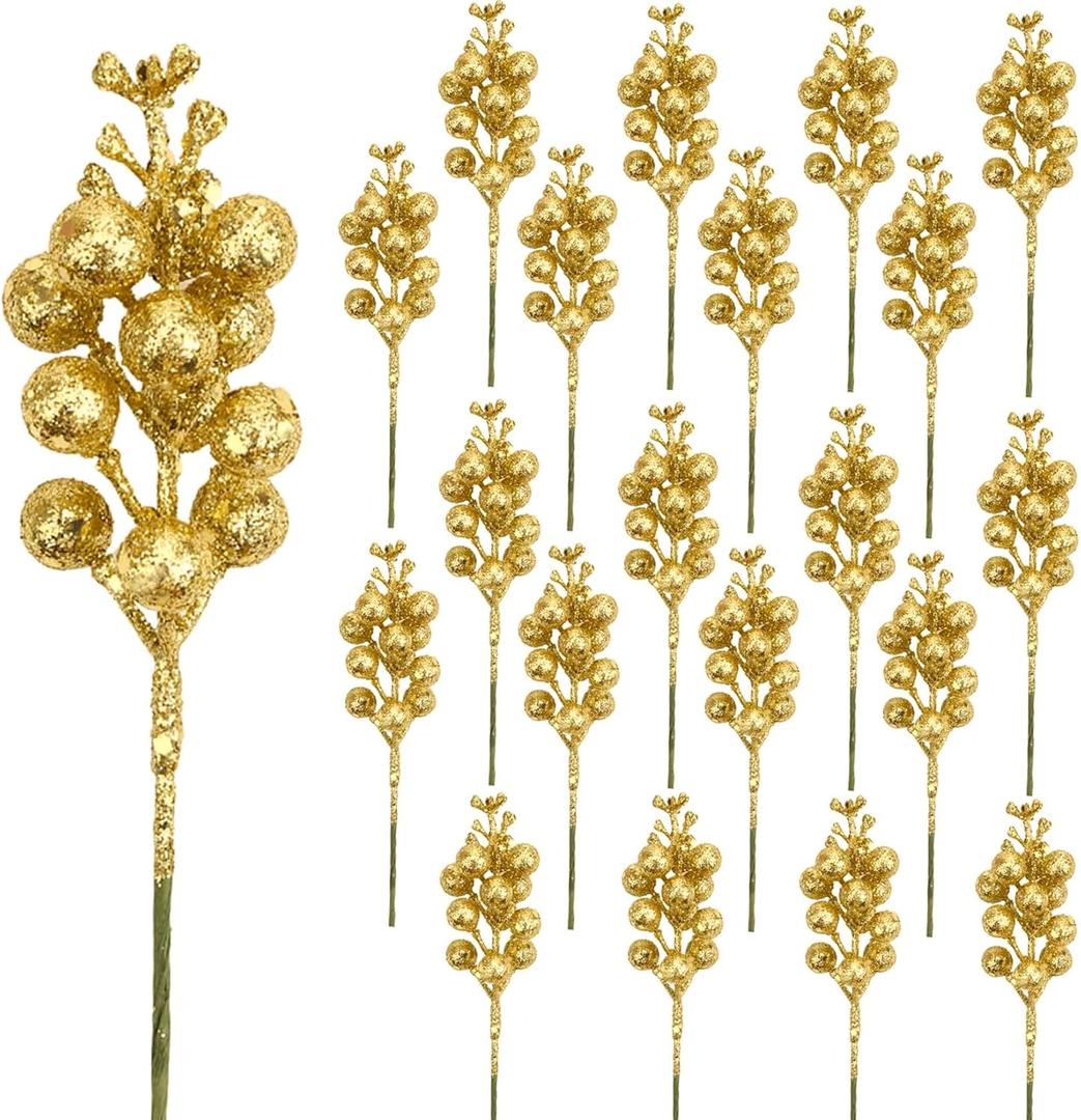DIYASY Glitter Gold Berry Stems,20 Pcs 7.8 Inch Artificial Christmas Tree Picks Decoration and Christmas Tree Filler Ornaments,DIY Xmas Wreath, Holiday and Home Dcor
