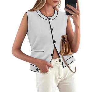 Yousify Womens Knit Tank Tops 2025 Summer Sleeveless Sweater Vest Round Neck Button Down Casual Cardigan with Pockets, White, L Size