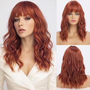 simkaylee Long Wavy Copper Red Wigs with Bangs for Women Synthetic 16 inch Medium Length Wigs with Water Wave Natural Looking Fringe Bang Wig Heat Resistant Hair for Daily Party Cosplay Use (16inch)