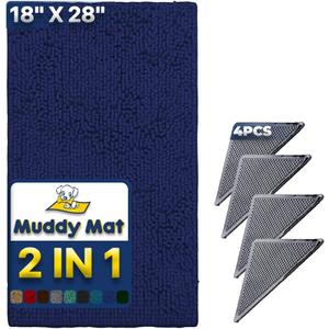 Muddy Mat | Absorbent Microfiber Chenille Door Mat Navy Blue 18" x 28" with Heavy Duty Non-Slip Rug Corner Pad (Pack of 4)- Double-Sided Adhesive Pad for Corners - Ultimate Floor Protection Combo