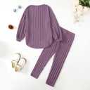 DEFAHN Toddler Girl Fall Clothes Set Warm Soft 2-piece Long Sleeve Ribbed Knit Tee & Leggings Winter Drop Shoulder Girl Set (Purple)